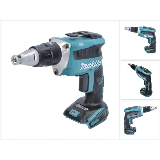 Der Makita DFS452Z Akku-Trockenbauschrauber in blau, von Makita, wird aus mehreren Blickwinkeln auf weißem Hintergrund dargestellt.