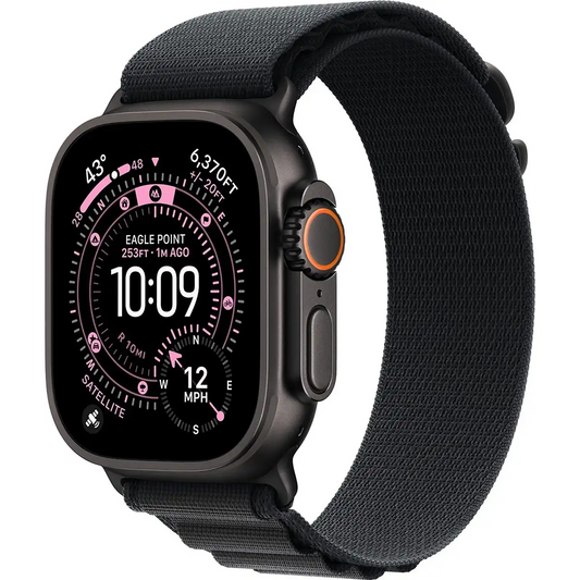 Apple Alpine Loop 49 mm M Uhrenarmband in Schwarz von Apple am Smartwatch-Display zeigt Uhrzeit, Höhenmeter und Wetterdaten digital an.