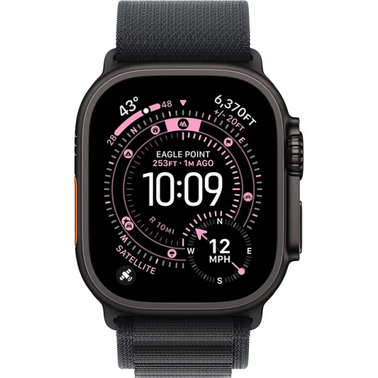 Apple Alpine Loop 49 mm M Uhrenarmband - schwarz von Apple am Apple Watch Ultra, zeigt Uhrzeit sowie Höhen- und Navigationsdaten an - ideal mit originalem Apple Zubehör.