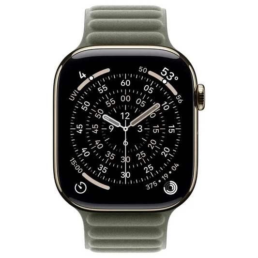 Apple Watch mit dunklem, rundem Ziffernblatt, gepaart mit dem Apple Magnet Link Band 42 mm S/M in Grau mit einem eleganten Magnetverschluss.