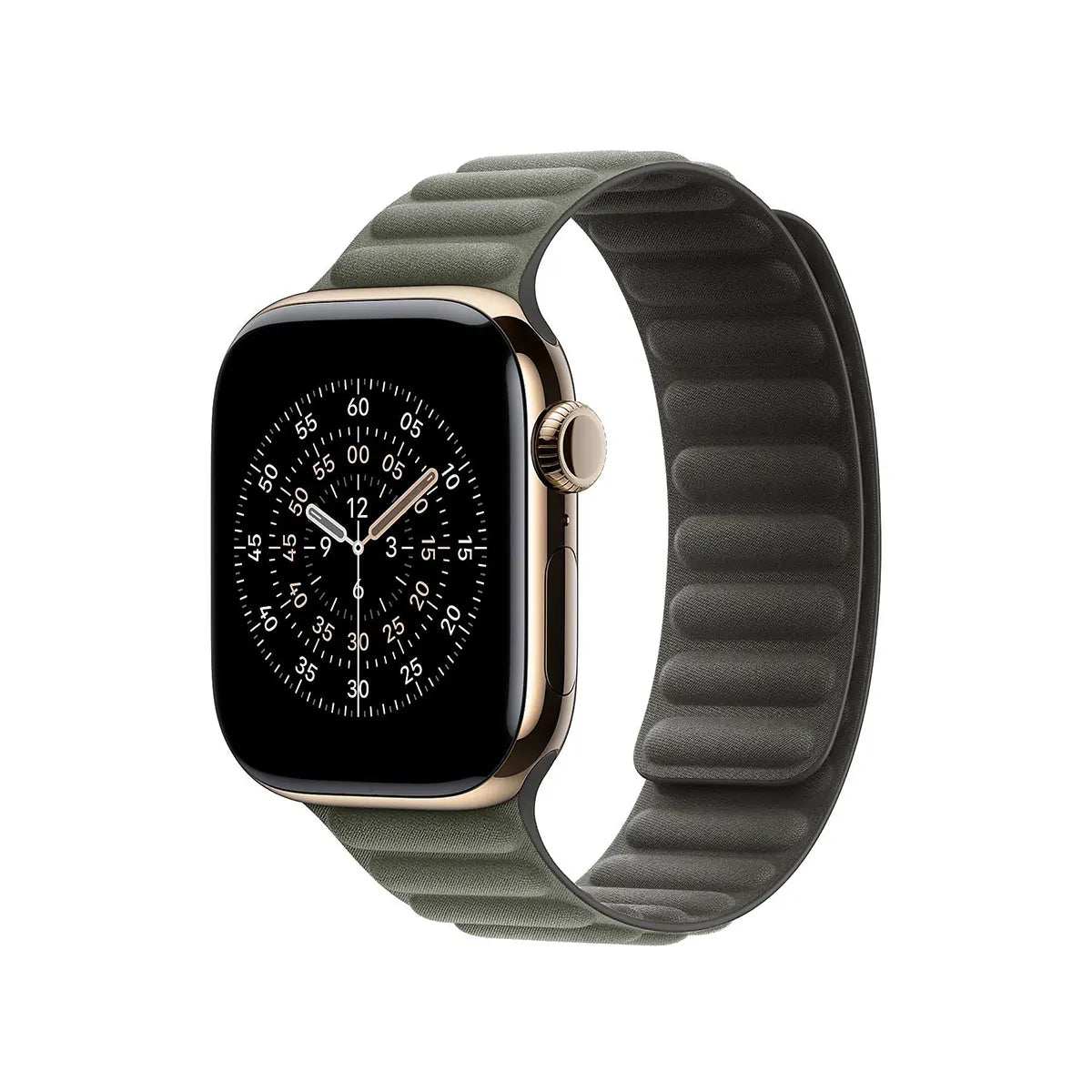 Das Apple Manetic Link Band 42 mm S/M Uhrenarmband in grau von Apple wird auf einer Smartwatch mit dunklem Bildschirm und strukturiertem Armband mit Magnetverschluss vor weißem Hintergrund gezeigt.