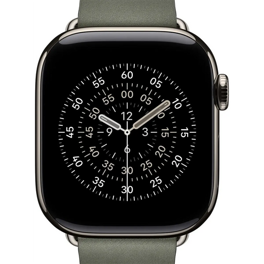 Apple Watch mit schwarzem Zifferblatt und weißen Ziffern, gepaart mit dem eleganten Apple Modern Buckle Band 42 mm Uhrenarmband - grau von Apple.