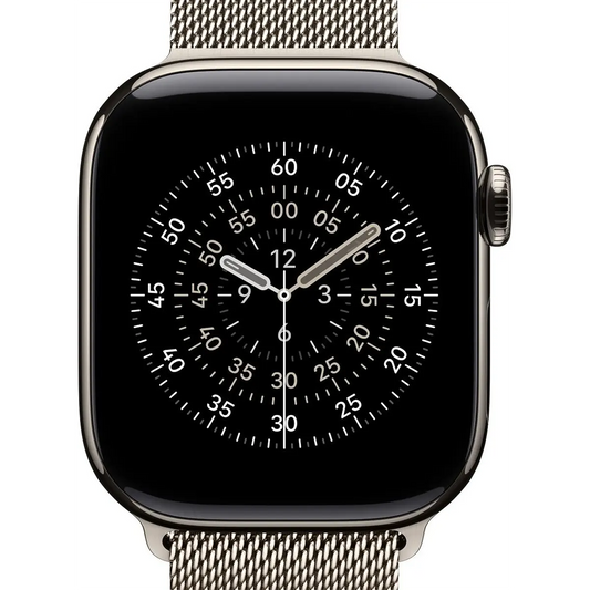 Das Apple Milanese Loop Band 42 mm M/L in Silber ist ein modernes Edelstahl-Mesh-Armband mit Magnetverschluss, das für eine Smartwatch im analogen Stil mit schwarzem Zifferblatt und weißen Ziffern konzipiert ist.