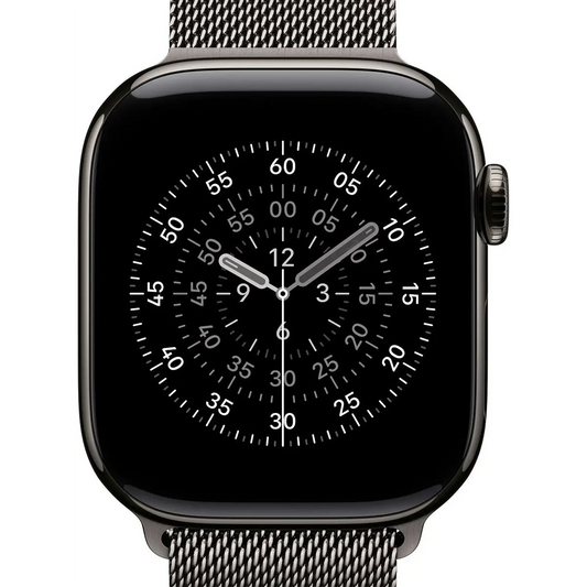 Ein schwarzes Apple Milanese Loop Band 42 mm M/L Uhrenarmband von Apple, gefertigt aus Edelstahlgeflecht, gepaart mit einer Apple Watch und analogem Chronographengesicht - ein elegantes Zubehör für jeden Anlass.