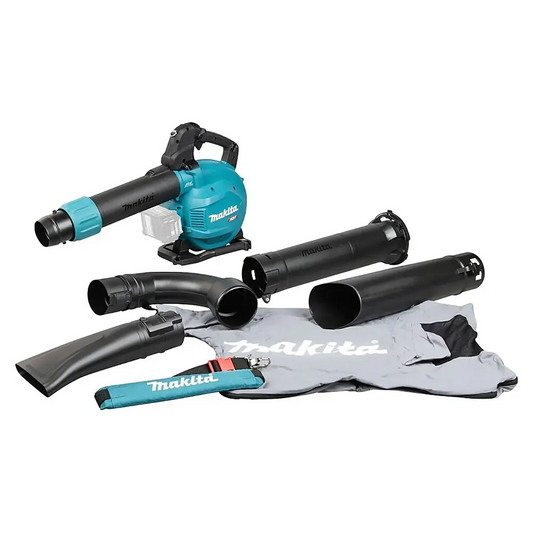 Makita UB003GZ XGT 40V max. Akku-Gebläse in Blau mit bürstenlosem Motor, verschiedenen schwarzen Aufsätzen, Schultergurt und Fangsack.