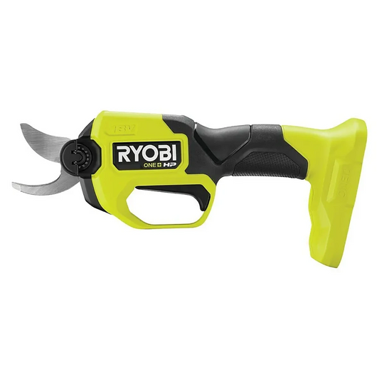 Die Ryobi ONE+HP Akku-Gartenschere 'HP RY18SCXA-0' verfügt über einen ergonomischen Griff, scharfe Klingen und einen bürstenlosen Motor für effizientes Trimmen. Angetrieben von einem 18 V-Akku und gestaltet in gelb und schwarz.