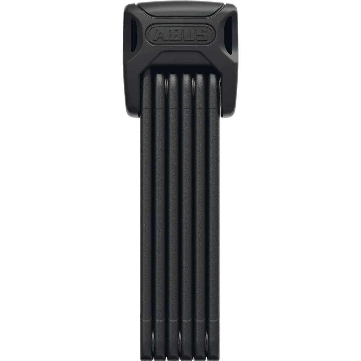 Das ABUS BORDO 6000K/90 schwarz ist ein schwarzes Faltschloss von ABUS mit sechs vertikal gestapelten Metallstangen in einem kompakten Design.