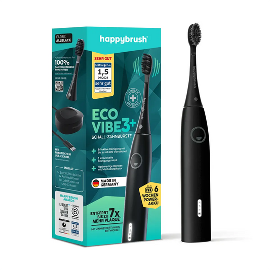 Die happybrush Schallzahnbürste StarterKit Eco Vibe 3+ von happybrush neben der Produktbox mit deutschen Infos - die nachhaltige elektrische Zahnbürste für umweltfreundliche Zahnpflege.