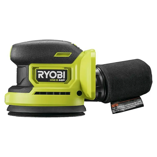 Der Ryobi ONE+HP Akku-Exzenterschleifer RROS18C-0 mit bürstenlosem Motor und schwarzem Staubbeutel wird auf weißem Hintergrund gezeigt. Teil des 18V ONE+ Systems von Ryobi.