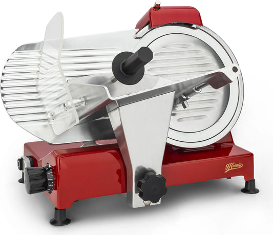 Der H.Koenig MSX254 Allesschneider - rot ist ein roter elektrischer Fleischschneider von H.Koenig, der mit einem rotierenden Messer und einer einstellbaren Stärkeanzeige an der Basis ausgestattet ist.