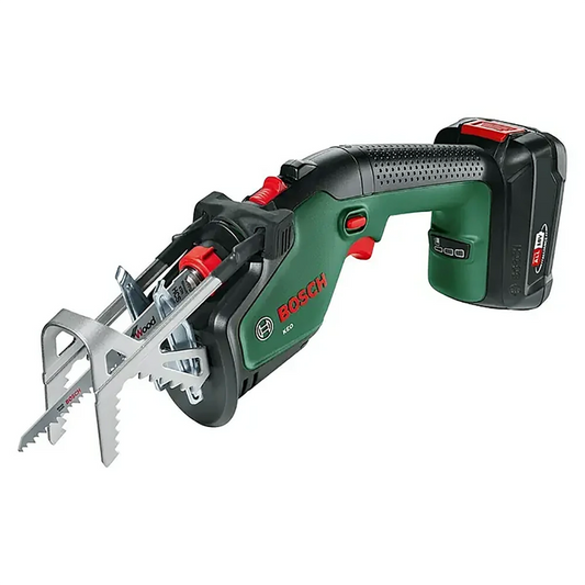 Die Bosch KEO 18 (mit Akku und Ladegerät) Akku-Astsäge in Grün bietet kabellose 18-V-Leistung für effizientes Arbeiten im Garten und verfügt über einen ergonomischen schwarzen Griff sowie einen Sägebügel aus Metall.