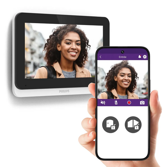 Das Foto einer Frau ist sowohl auf einem Wanddisplay als auch auf einem Handybildschirm zu sehen; beide zeigen über die Philips WelcomeEye Connect 3 Video-Türsprechanlage – schwarz von Philips in einer Videoanruf-App dasselbe Bild.
