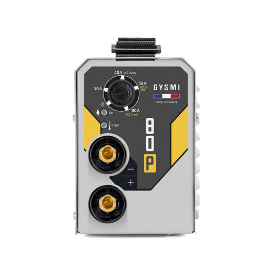 Frontansicht des GYS GYSMI 80P Elektrodenschweißgerätes mit sichtbaren Skalen und Anschlüssen, perfekt für MMA Schweißen und präzise Elektrodenschweißanwendungen.