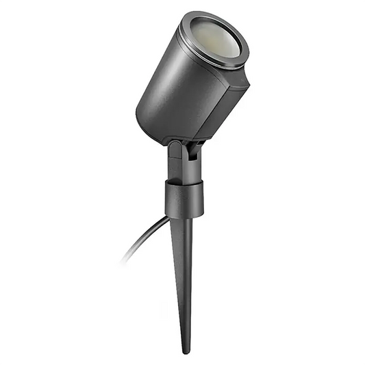 Der STEINEL Spot Garden Sensor Connect LED-Bodenstrahler von Steinel ist ein schwarzer Außenstrahler mit Erdspieß und integriertem Stromkabel, der sich ideal zur Beleuchtung von Wegen oder Blumenbeeten in Ihrem Garten eignet.