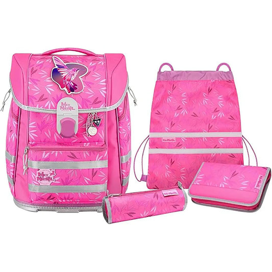 Das McNeill Biggy Schulranzen Set 5-teilig - Biggy Birdy von Mcneill besteht aus einem rosa Schmetterlingsrucksack, einem Federmäppchen, einer Mappe und einem Kordelzugbeutel mit Blattmuster. Sein ergonomisches Design sorgt für Komfort bei den täglichen Schulabenteuern.