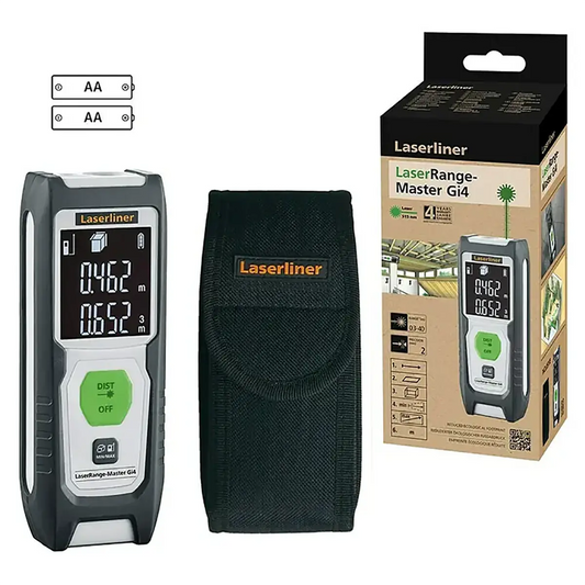 Der Laserliner LaserRange-Master Gi4 Laserentfernungsmesser in Grau bietet präzise Messungen mit grüner Lasertechnologie und wird inklusive Schutztasche, zwei AA-Batterien sowie Produktverpackung geliefert.