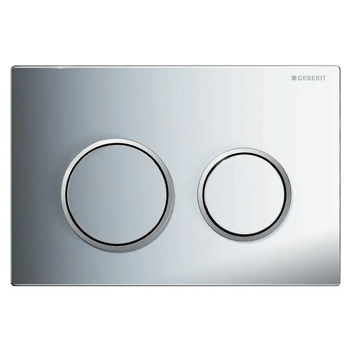 Die Geberit Omega20-Betätigungsplatte in Chrom von Geberit zeichnet sich durch eine elegante, glänzende Oberfläche und zwei runde Tasten – eine große und eine kleine – für eine bequeme Zweimengenspülung aus.