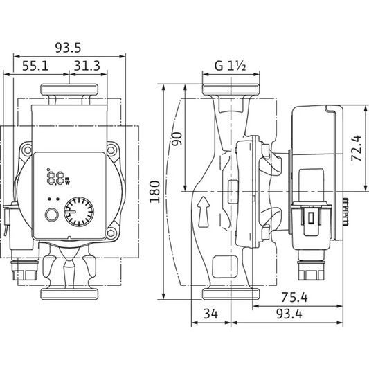 Technische Zeichnung der Wilo Yonos PICO plus 25/1-4 Hocheffizienzpumpe in Grau von Wilo, mit detaillierten Maßen und beschrifteten Anschlusspunkten, dargestellt aus zwei Blickwinkeln.