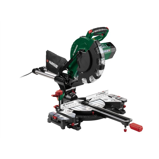 Die grüne PARKSIDE PZKS 254 A1 Kapp- und Zugsäge verfügt über einen schwarz-silbernen Sockel, Staubbeutel und LED-Schatten-Schnittlinie für präzise Sägearbeiten - ideal für präzise Schnitte.