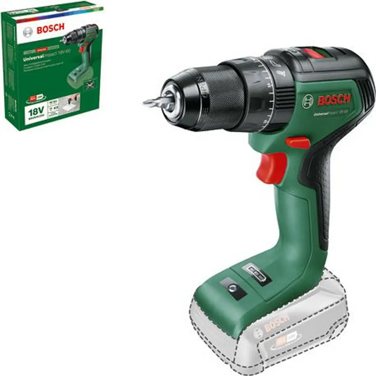 Der Akku-Bohrschrauber „Bosch UniversalImpact 18V-60 – grün“ mit Bohrer und bürstenlosem Motor ist neben seiner grünen Bosch-Verpackung abgebildet.
