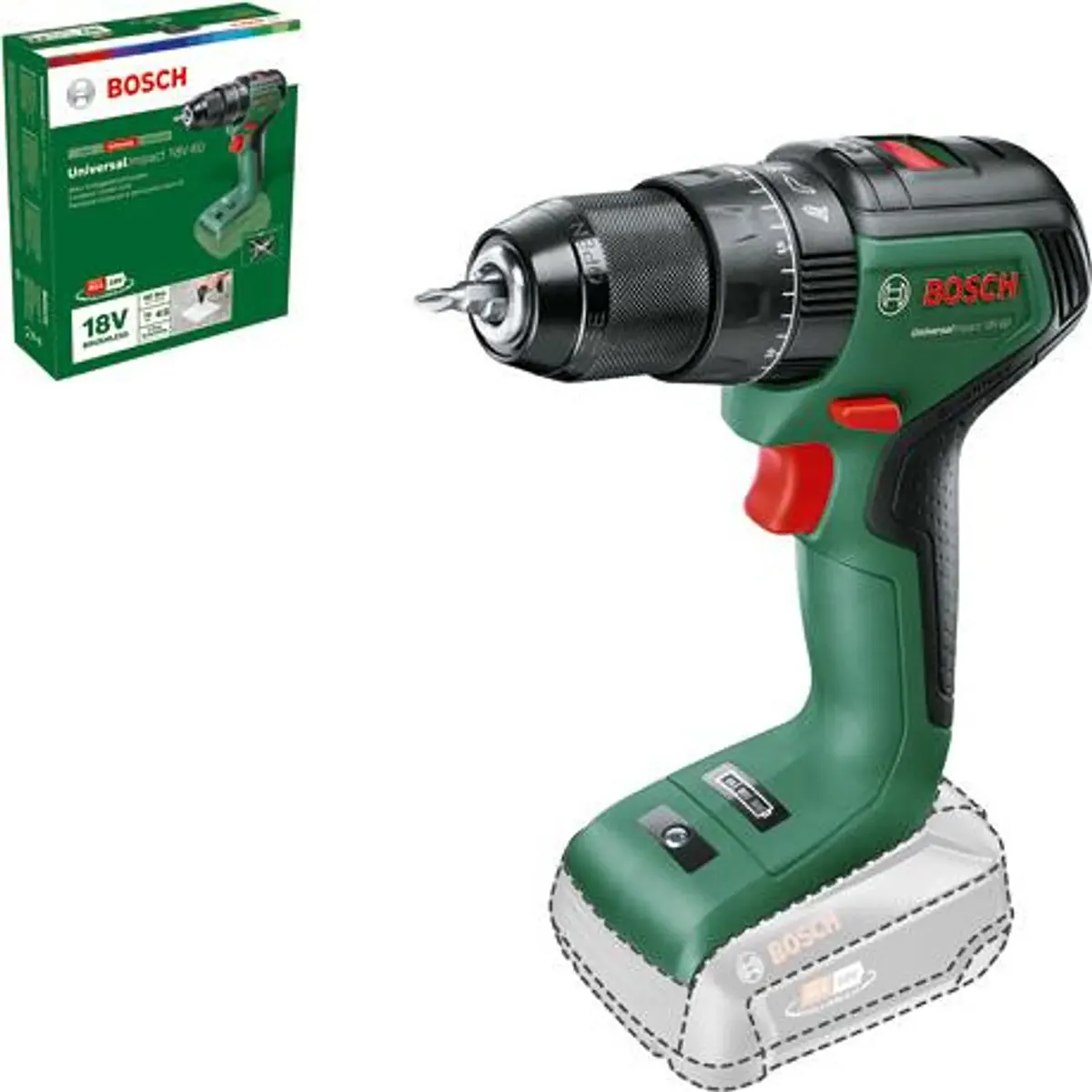 Der Akku-Bohrschrauber „Bosch UniversalImpact 18V-60 – grün“ mit Bohrer und bürstenlosem Motor ist neben seiner grünen Bosch-Verpackung abgebildet.