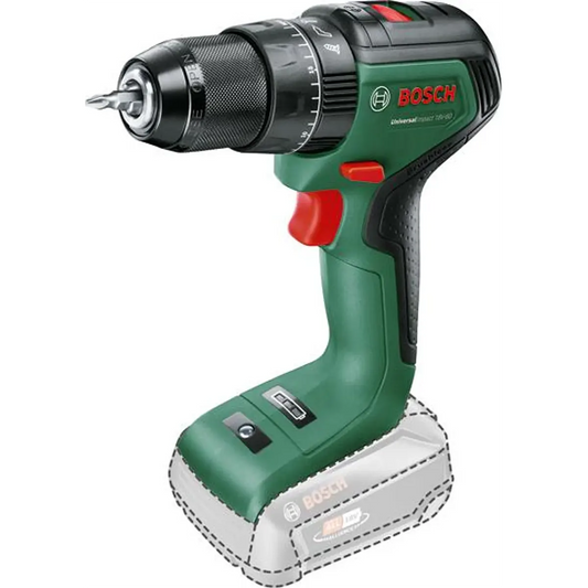 Der Bosch UniversalImpact 18V-60 – grüner Schlagbohrschrauber von Bosch verfügt über einen bürstenlosen Motor für effiziente Leistung und zeichnet sich durch den abnehmbaren Akku im unteren Bereich des Geräts aus.