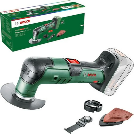 Das Bosch UniversalMulti 18V-32 Akku-Multifunktionswerkzeug - grün, von Bosch, kommt mit Zubehör, einer Box, Schleifpads, Starlock-Werkzeugaufnahme und verschiedenen Aufsätzen.