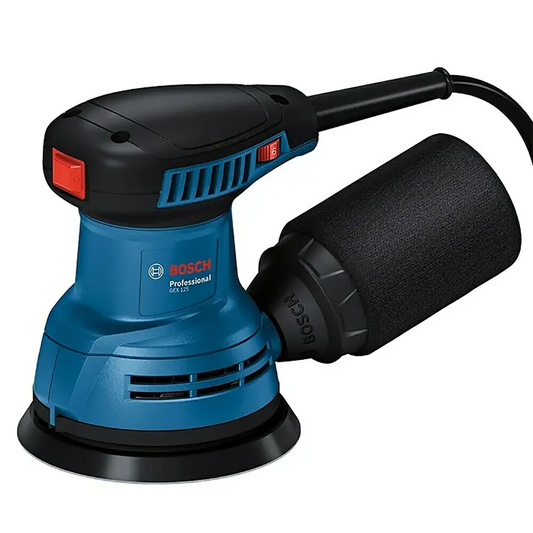 Der Bosch Professional GEX 125 Exzenterschleifer – blau, ein elektrischer Schleifer von Bosch, verfügt über einen schwarzen Staubauffangbehälter und einen 125-mm-Schleifteller. Er eignet sich ideal zum Schleifen von Holz und ist auf weißem Hintergrund abgebildet.