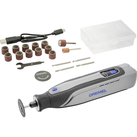 Das Dremel 8150 Multifunktionswerkzeug - grau Kit von Dremel enthält Aufsätze, Schleiftrommeln, USB-Kabel, Schraubenschlüssel und einen Aufbewahrungskoffer.
