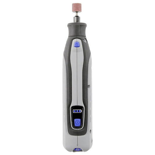 Das Dremel 8150 Multifunktionswerkzeug - grau von Dremel ist ein kabelloses Werkzeug mit einem grauen Gehäuse, einem blauen Einschaltknopf und einem Schleifaufsatz.