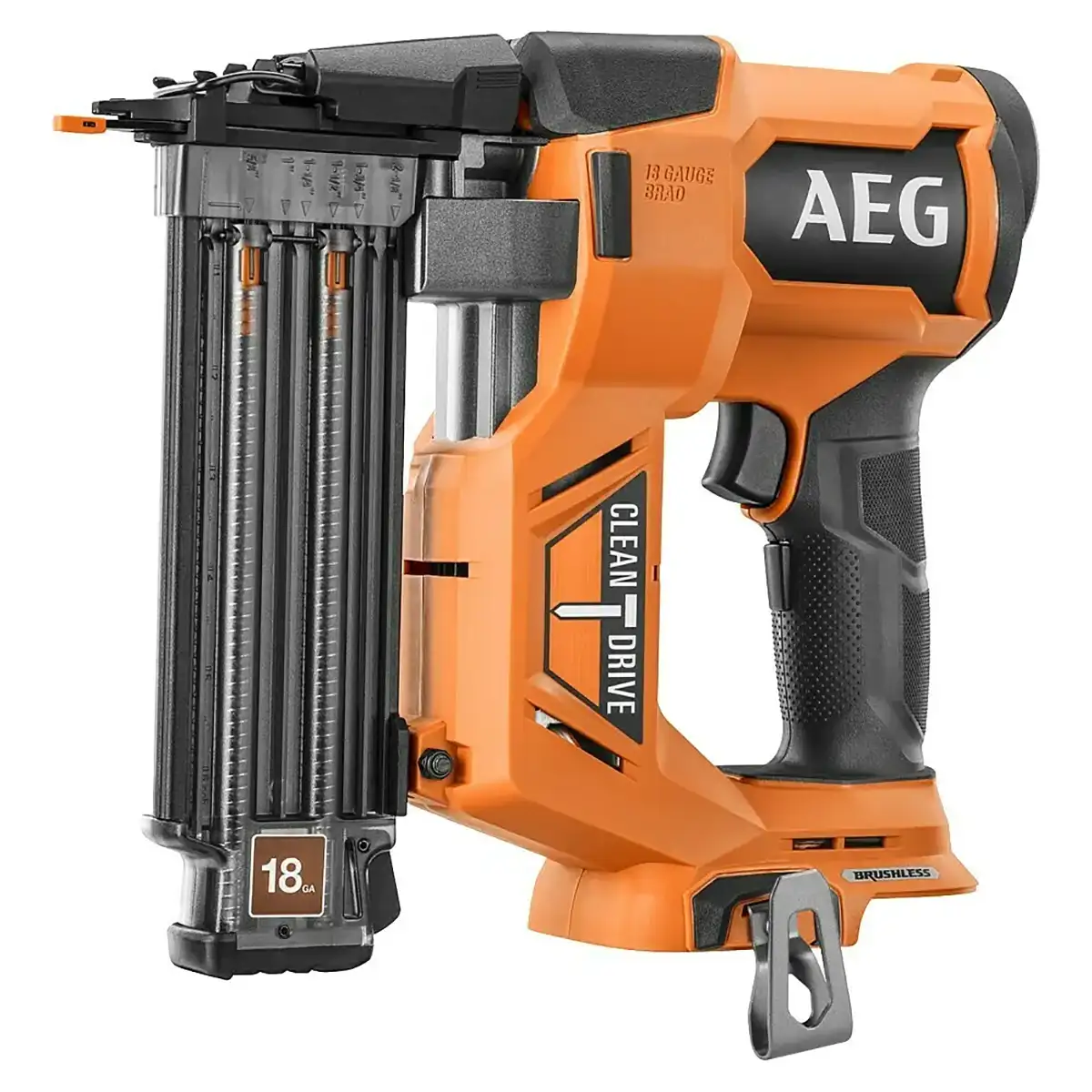 Der orangefarbene AEG Pro 18V B18BN18 Akku-Nagler verfügt über ein sichtbares Magazin, Clean Drive Branding und einen bürstenlosen Motor für starke Leistung.