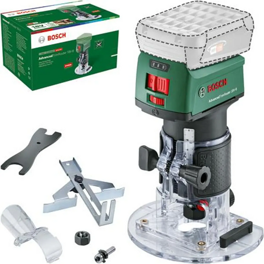 Der Bosch AdvancedTrimRouter 18V-8 Oberfräse - grün von Bosch verfügt über einen bürstenlosen Motor und wird mit Schraubenschlüssel, Führung, Bit und Produktbox geliefert.