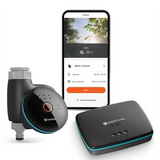 Das GARDENA 19043-20 smart Water Control Set in Schwarz bietet eine automatische Gartenbewässerung via Smart-Home-Bewässerung, die Sie mit der intuitiven GARDENA App ganz einfach über Ihr Smartphone steuern können.