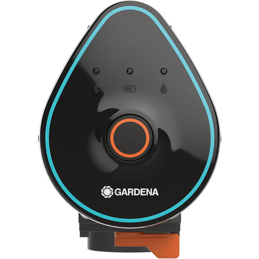 Das GARDENA 01285-20 9V Bewässerungsventil in Schwarz verfügt über eine zentrale orangefarbene Kreismitte, drei Icons und einen blauen Rahmen auf der Vorderseite für automatische Bewässerung via Bluetooth-Steuerung.