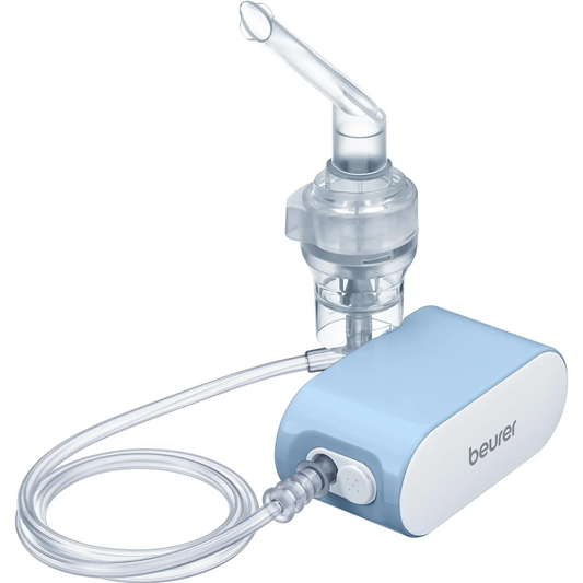 Der Beurer IH 60 Inhalator – blau von Beurer verfügt über eine durchsichtige Maske, einen Schlauch und ein blau-weißes Gerät – ideal für eine effektive Inhalationstherapie zu Hause oder unterwegs.