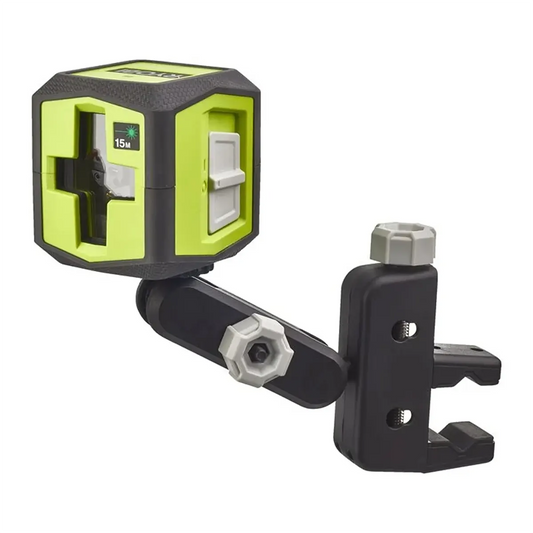 Der Ryobi RBCLLG1 Kreuzlinienlaser - grün von Ryobi ist auf einer verstellbaren schwarzen Klemme mit grauen Knöpfen montiert und verfügt über eine Selbstnivellierung zur präzisen Ausrichtung.