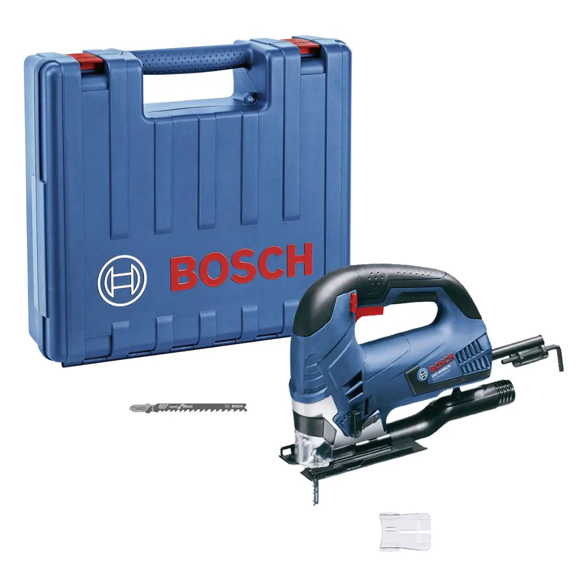 Die Bosch GST 90 BE Professional Stichsäge von Bosch ist mit einem blauen Koffer, einem Sägeblatt und einem durchsichtigen Kunststoffschutz auf weißem Hintergrund abgebildet.