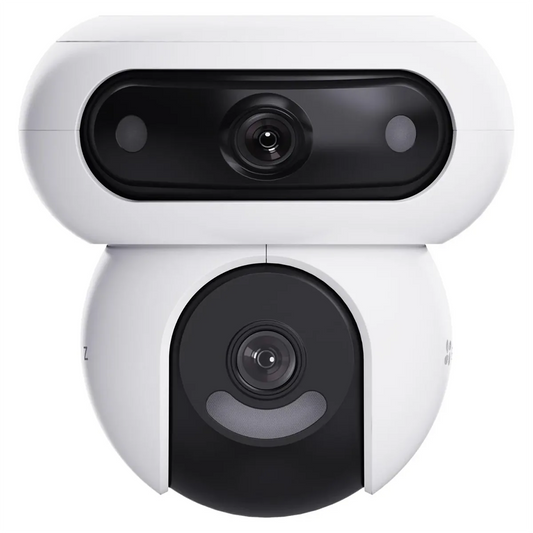 Die EZVIZ H90 Dual 2K+ Sicherheitskamera in Weiß von EZVIZ besticht durch ihr markantes schwarz-weißes Design mit zwei Objektiven, die an ein Robotergesicht erinnern, und bietet eine scharfe 2K+-Auflösung sowie fortschrittliche KI-Erkennung für zuverlässige Smart-Home-Sicherheit.