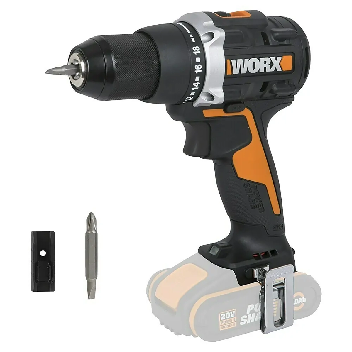 Der graue WORX WX102.9 Akku-Bohrschrauber kommt kabellos mit Bit, Akkuhalter, Gürtelclip und bürstenlosem Motor.
