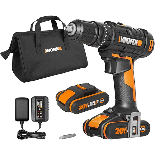 Das graue WORX WX370.1 Akku Schlagbohrschrauber-Set enthält einen 20-V-Lithium-Ionen-Akku, ein Ladegerät, einen Bohrer und eine Tragetasche.