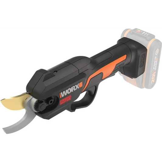Graue WORX Nitro WG330E kabellose elektrische Astschere von WORX, mit sichtbarer gebogener Klinge.