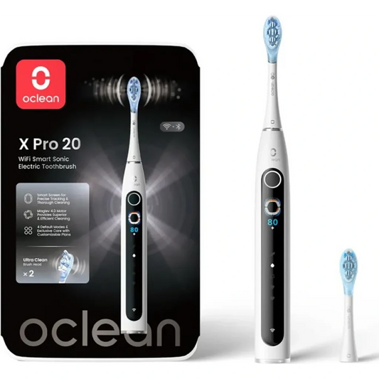 OCLEAN Elektrische Zahnbürste X Pro 20 - Weiß mit Display, zwei Bürstenköpfen und Verpackung - für ein smartes Putzerlebnis.