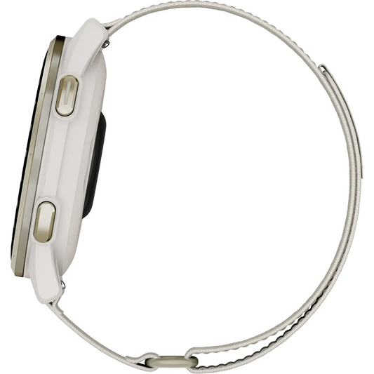 Seitenansicht einer Garmin Approach S50 Smartwatch - Cremegold mit dünnem Metallgewebeband und zwei Gehäusetasten, von Garmin.