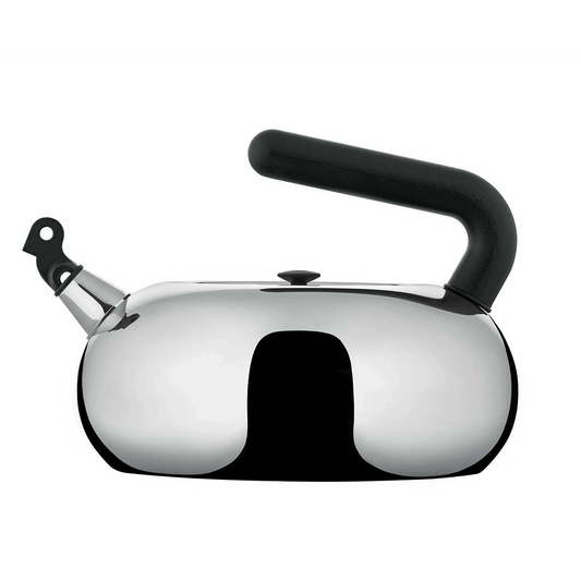 Der Alessi Bulbul AC100 Wasserkessel in Silber zeichnet sich durch einen schwarzen, geschwungenen Griff und einen Ausgusshebel auf weißem Hintergrund aus - ein ikonisches Stück von Alessi.