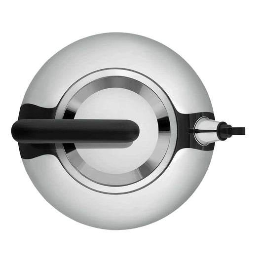 Draufsicht auf den Alessi Bulbul AC100 Wasserkessel in Silber mit schwarzem Griff und Ausguss, gestaltet von Alessi, vor weißem Hintergrund.