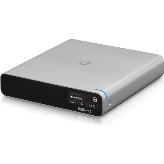Ubiquiti UniFi Cloud Key Gen2 Plus (UCK-G2-PLUS) in Grau, mit schwarzer Frontblende und kleinem Display zur Anzeige von Statusinformationen – ideal für die zentrale Verwaltung in Verbindung mit UniFi Protect oder dem UniFi Controller.