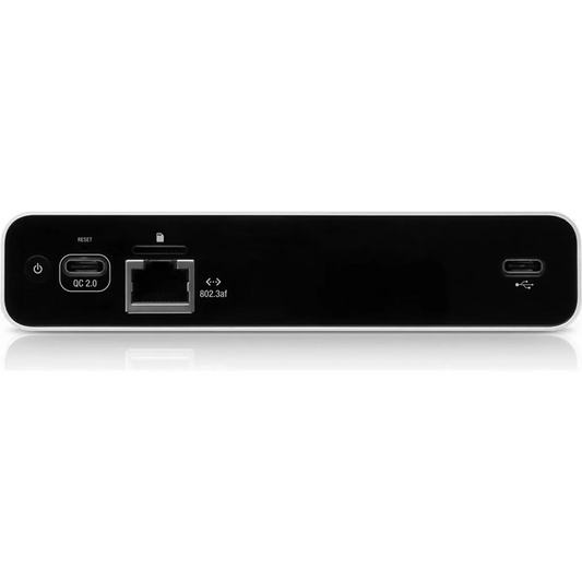 Rückansicht des Ubiquiti UniFi Cloud Key Gen2 Plus UCK-G2-PLUS UniFi-Controllers in Grau mit USB-C-, Reset-, USB 2.0- und Ethernet-Anschlüssen für die zentrale Verwaltung und einfache Integration mit UniFi Protect.