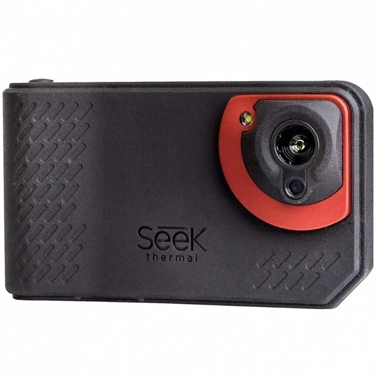 Die Seek Thermal SHOT PRO Wärmebildkamera in schwarz von Seek Thermal hat einen roten Akzent um das Objektiv und ist für Smartphones geeignet.