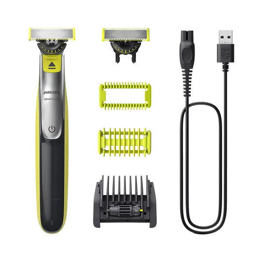 Der Philips OneBlade 360 QP2834/23 Rasierer in Grün von Philips ist ein elektrisches Trimmerset für die Bart- und Körperpflege mit mehreren Clipper-Aufsätzen, einer 360°-Klinge und einem USB-Ladekabel auf weißem Hintergrund.
