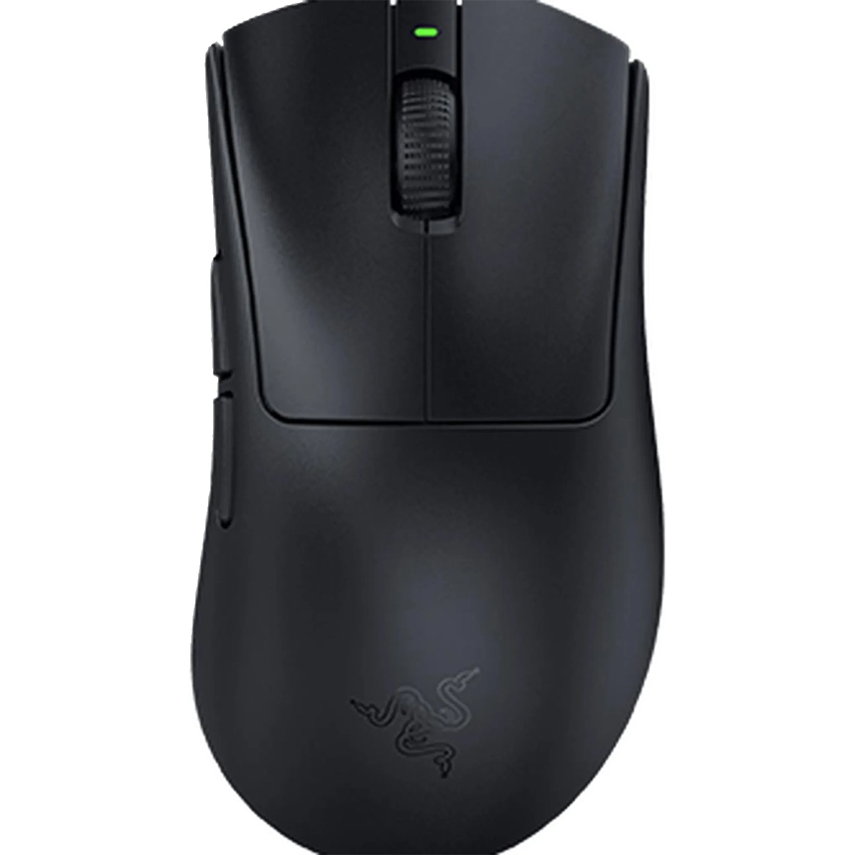 Die Razer DeathAdder V3 HyperSpeed ist eine schwarze, kabellose Esports-Maus von Razer mit Scrollrad, grün leuchtender Anzeige und ultraleichtem Design.